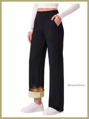 Fleece Lined Wide Leg Pants High Waist Pockets Casual Work
